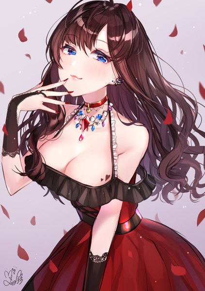 Anime picture 1748x2480 with idolmaster idolmaster cinderella girls ichinose shiki mairo (ilo) single long hair tall image looking at viewer blush fringe highres breasts blue eyes light erotic simple background smile brown hair large breasts bare shoulders signed