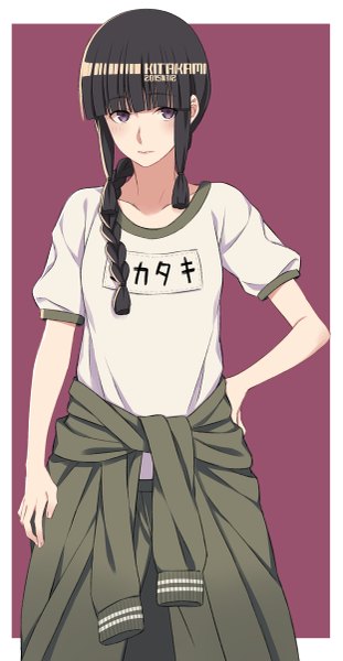 Anime picture 623x1200 with kantai collection kitakami light cruiser sora yoshitake yuda single long hair tall image blush fringe simple background purple eyes payot blunt bangs braid (braids) character names hand on hip single braid dated framed purple background clothes around waist