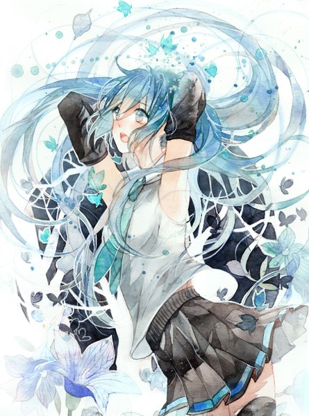 Anime picture 900x1212 with vocaloid hatsune miku rei (pixiv4656825) single long hair tall image blush open mouth blue eyes twintails blue hair pleated skirt wind armpit (armpits) arms behind head traditional media watercolor (medium) girl thighhighs skirt