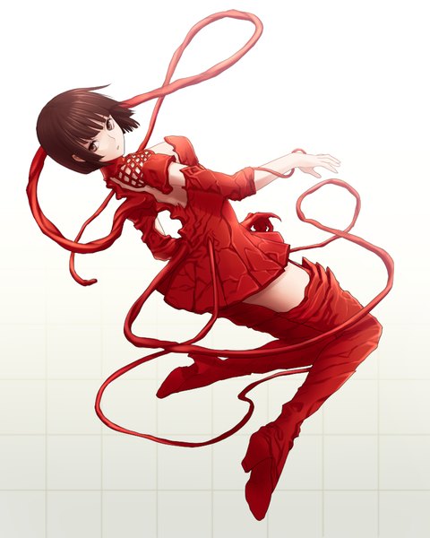 Anime picture 800x1000 with sidonia no kishi hoshijiro shizuka gauna chimachi single tall image fringe short hair simple background brown hair brown eyes looking away full body bent knee (knees) blunt bangs weightlessness girl dress boots thigh boots