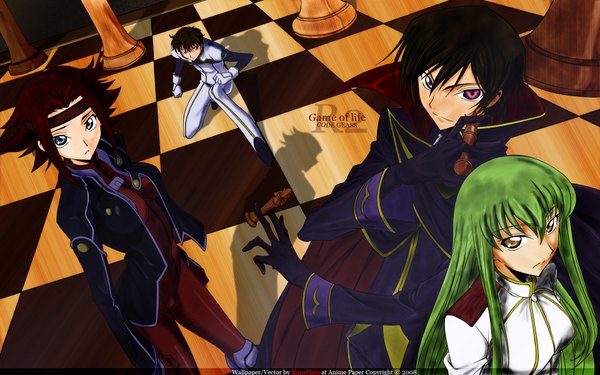 Anime picture 1920x1200 with code geass sunrise (studio) c.c. lelouch lamperouge kallen stadtfeld kururugi suzaku zero (code geass) long hair looking at viewer fringe highres short hair blue eyes brown hair wide image standing purple eyes multiple girls green eyes red hair