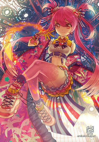 Anime picture 558x800 with original anikakinka single long hair tall image fringe breasts smile signed pink hair pink eyes bare belly dated lacing girl thighhighs hair ornament earrings shoes frills