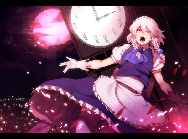 Anime picture 2000x1480 with touhou izayoi sakuya irohara mitabi single highres short hair open mouth red eyes cloud (clouds) white hair braid (braids) maid twin braids letterboxed red moon girl thighhighs skirt gloves bow