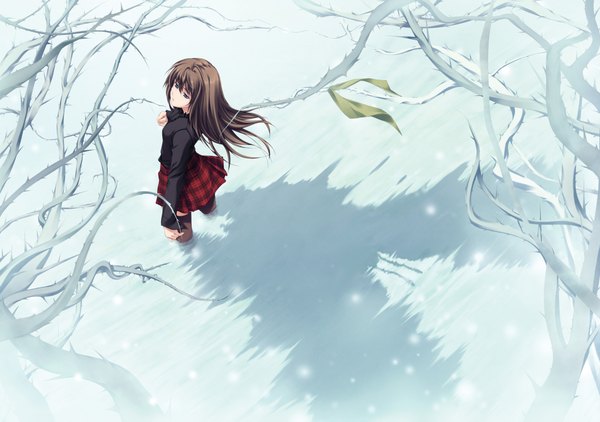 Anime picture 4096x2886 with pianissimo shirakawa ayane sugina miki single long hair looking at viewer fringe highres blue eyes hair between eyes brown hair pleated skirt looking back from above wind scan official art shadow partially submerged plaid skirt