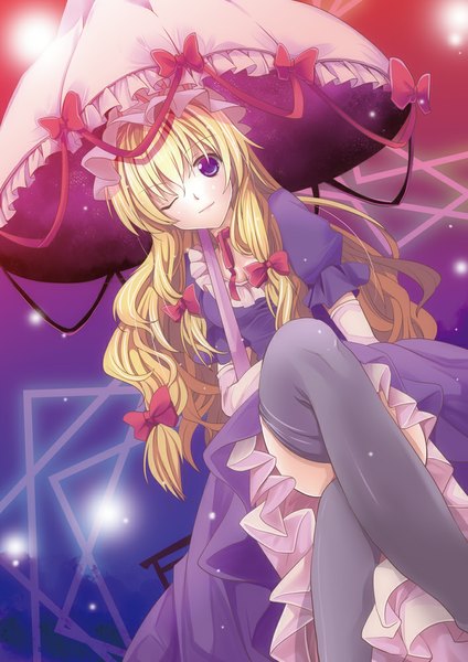 Anime picture 707x1000 with touhou yakumo yukari yanagise single long hair tall image looking at viewer blonde hair purple eyes one eye closed wink crossed legs starry sky print girl thighhighs dress bow black thighhighs hair bow frills