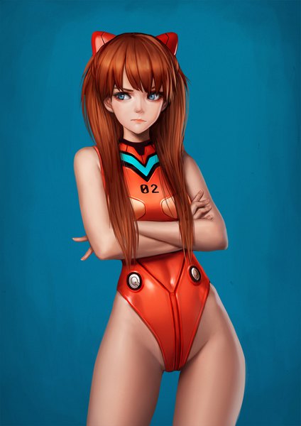 Anime picture 1240x1754 with neon genesis evangelion gainax soryu asuka langley jungon single long hair tall image fringe blue eyes light erotic simple background brown hair standing bare shoulders looking away crossed arms adapted costume aqua background girl pilot suit