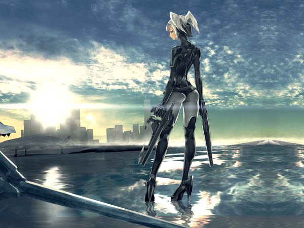 Anime picture 1600x1200 with original redjuice single short hair light erotic blonde hair sky cloud (clouds) ass looking back cityscape morning sunrise girl weapon water armor gun bodysuit sun