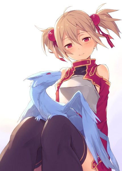 Anime picture 700x979 with sword art online a-1 pictures silica pina (sao) kinta (distortion) single tall image blush short hair simple background smile red eyes brown hair white background sitting twintails bare shoulders ahoge wind from below