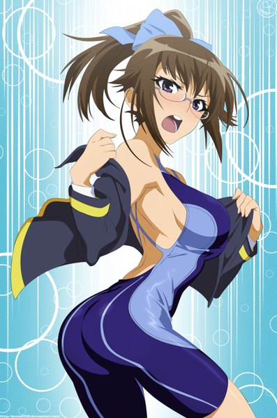 Anime picture 1920x2896 with medaka box gainax kikaijima mogana leonel098 single long hair tall image blush highres open mouth light erotic brown hair purple eyes ass ponytail coloring girl bow hair bow glasses