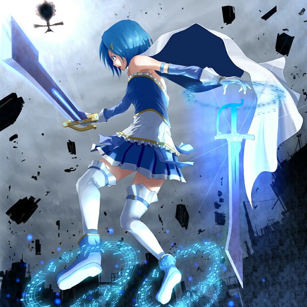 Anime picture 1024x1024 with mahou shoujo madoka magica shaft (studio) miki sayaka dokyuu afro (artist) short hair open mouth blue eyes blue hair girl thighhighs gloves weapon white thighhighs sword