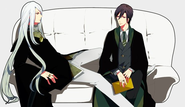 Anime picture 1800x1048 with harry potter tom marvolo riddle salazar slytherin izz long hair highres short hair simple background red eyes brown hair wide image sitting looking away silver hair very long hair profile grey background multiple boys reclining boy