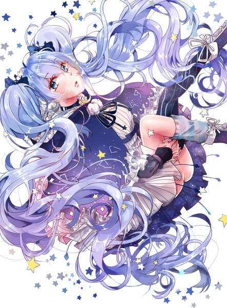 Anime picture 1191x1611 with vocaloid hatsune miku fuyu no yoru miku puchi single tall image looking at viewer blush fringe open mouth blue eyes light erotic hair between eyes white background twintails blue hair very long hair embryo's pose girl dress