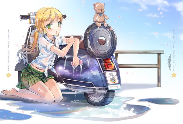 Anime picture 1480x1001 with original jin young-in single long hair blush fringe open mouth blonde hair twintails green eyes sky cloud (clouds) barefoot wet no shoes kneeling plaid skirt reflection summer twisty sleeves