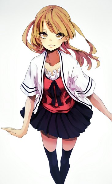 Anime picture 609x1000 with original yuji kazakiri single long hair tall image looking at viewer fringe open mouth simple background blonde hair white background twintails yellow eyes pleated skirt spread arms girl thighhighs skirt black thighhighs earrings