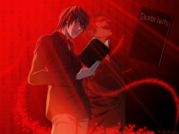 Anime picture 1024x768 with death note madhouse yagami light short hair red eyes brown hair red background zoom layer crazy smile boy shirt book (books) suit notebook