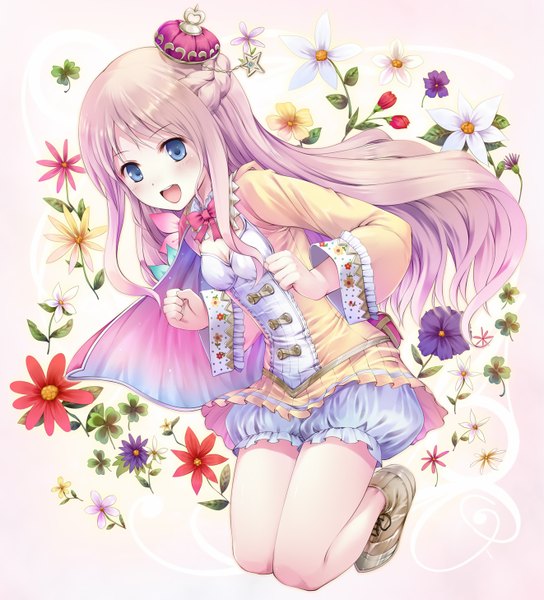 Anime picture 1322x1457 with atelier (series) atelier meruru gust (company) merurulince rede arls single long hair tall image open mouth blue eyes white background pink hair loli girl flower (flowers) bow crown