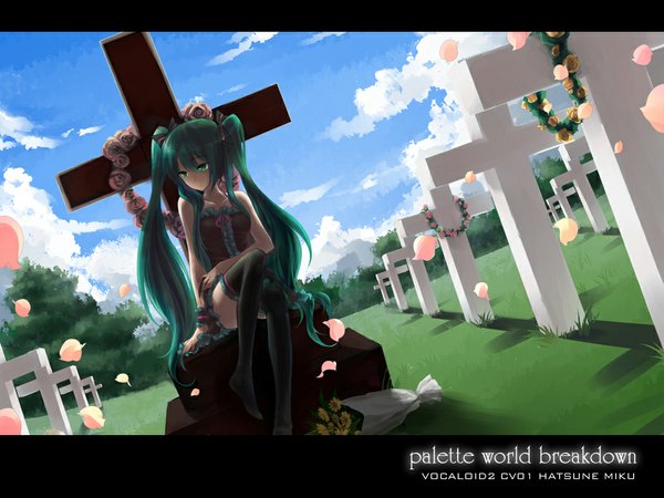 Anime picture 1024x768 with vocaloid hatsune miku rella single long hair blush sitting twintails bare shoulders looking away sky cloud (clouds) aqua eyes aqua hair character names girl thighhighs dress flower (flowers) ribbon (ribbons)