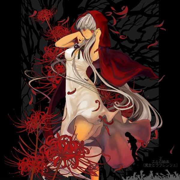 Anime picture 3200x3200 with sound horizon elysion lafrenze ukai saki single highres red eyes absurdres silver hair barefoot dress flower (flowers) white dress higanbana