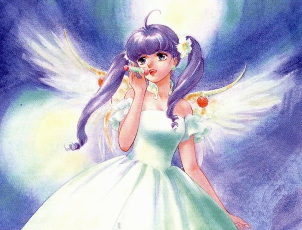 Anime picture 1311x1000 with mahou no tenshi creamy mami morisawa yuu creamy mami takada akemi single long hair open mouth twintails bare shoulders purple hair ahoge grey eyes singing oldschool girl dress earrings wings white dress microphone