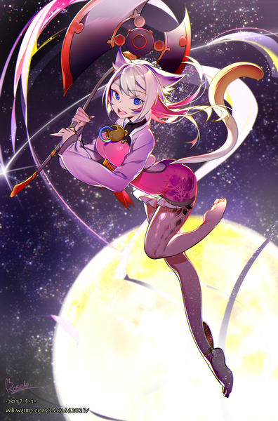 Anime picture 1559x2362 with the legend of sword and fairy: mirror of illusion tan shuang rosele long hair tall image looking at viewer fringe open mouth blue eyes holding signed animal ears silver hair full body bent knee (knees) tail :d animal tail cat ears cat girl