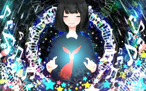 Anime picture 1200x750 with original mamiya chiyoko single blush fringe short hair smile wide image eyes closed glowing dark hair girl uniform serafuku star (symbol) star (stars) sailor suit musical note