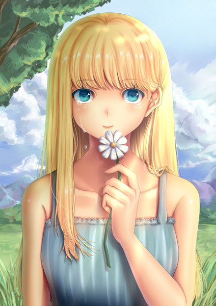Anime picture 945x1336 with one piece toei animation moda yumiyokiak single long hair tall image blue eyes blonde hair bare shoulders sky cloud (clouds) tears girl dress flower (flowers) sundress