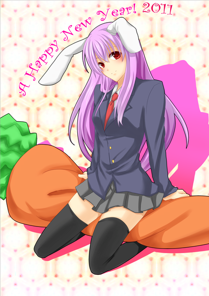Anime picture 1719x2428 with touhou reisen udongein inaba tomato-ed single long hair tall image highres smile red eyes animal ears purple hair bunny ears bunny girl girl thighhighs skirt uniform black thighhighs school uniform miniskirt