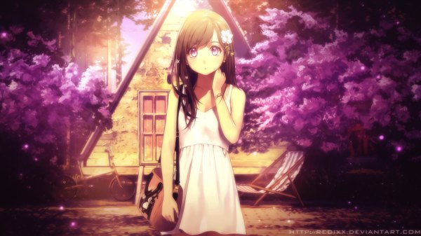 Anime picture 1366x768 with everlasting summer original iichan eroge arsenixc vvcephei yohan12 redixx single long hair looking at viewer blush fringe brown hair wide image standing bare shoulders signed game cg sky ahoge