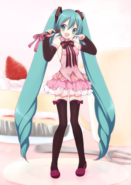 Anime picture 1416x2000 with vocaloid hatsune miku usashiro mani single long hair tall image blush open mouth twintails bare shoulders green eyes green hair loli girl thighhighs black thighhighs detached sleeves food microphone berry (berries)