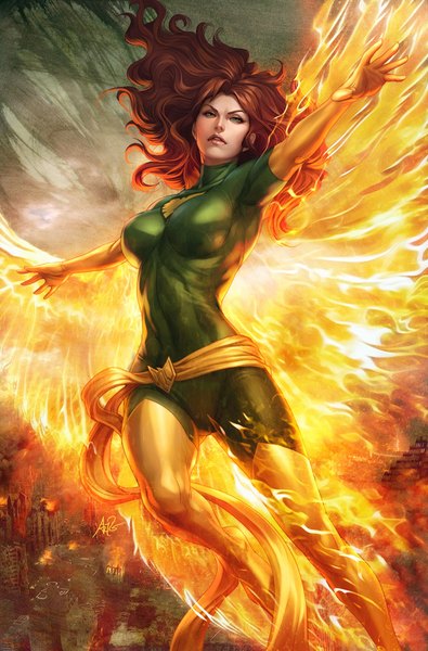 Anime picture 659x1000 with x-men marvel comics jean grey phoenix (x-men) artgerm (stanley lau) single long hair tall image brown hair green eyes signed realistic spread arms flying girl wings belt thigh boots bodysuit fire