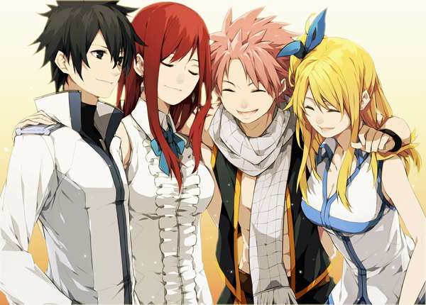 Anime picture 1178x845 with fairy tail lucy heartfilia erza scarlet natsu dragneel gray fullbuster yue (artist) long hair fringe short hair breasts open mouth black hair blonde hair simple background smile hair between eyes large breasts standing multiple girls payot