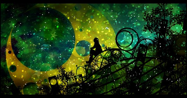 Anime picture 1999x1053 with original harada miyuki highres wide image scenic crescent silhouette boy plant (plants) tree (trees) star (stars) musical note