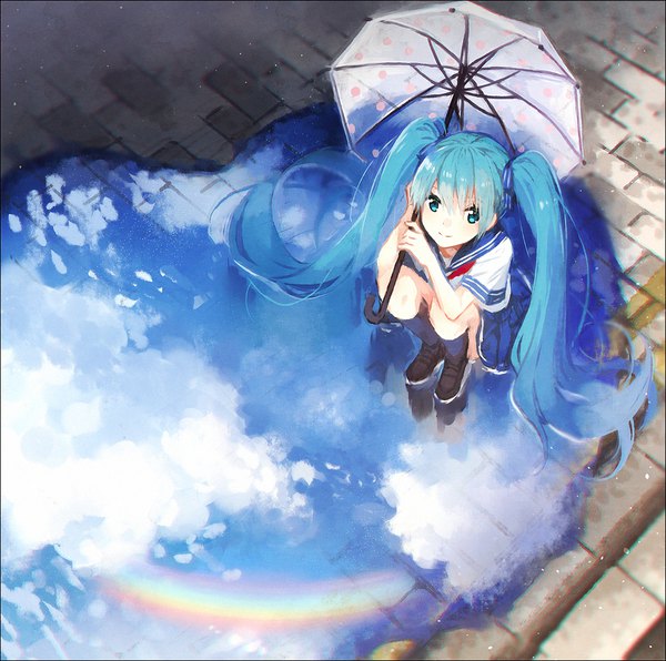 Anime picture 1000x994 with vocaloid hatsune miku hakusai (tiahszld) single long hair looking at viewer fringe blue eyes hair between eyes twintails blue hair sky cloud (clouds) full body light smile from above blurry reflection squat girl