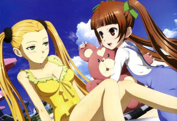 Anime picture 5943x4078 with aoki hagane no arpeggio nyantype haruna (aoki hagane no arpeggio) kirishima (aoki hagane no arpeggio) yotarou (aoki hagane no arpeggio) osakabe makie long hair highres blonde hair red eyes brown hair twintails multiple girls green eyes absurdres sky cloud (clouds) official art loli girl