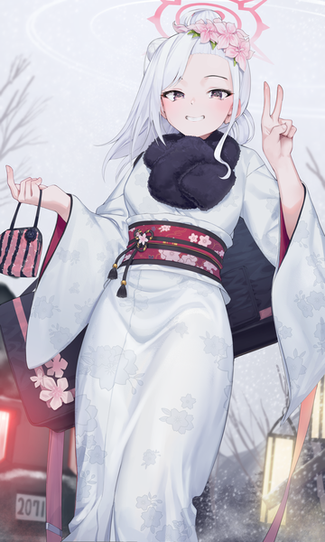 Anime picture 3000x5000 with blue archive mutsuki (blue archive) mutsuki (new year) (blue archive) goback single long hair tall image looking at viewer blush highres smile standing purple eyes holding outdoors white hair traditional clothes japanese clothes hair flower wide sleeves