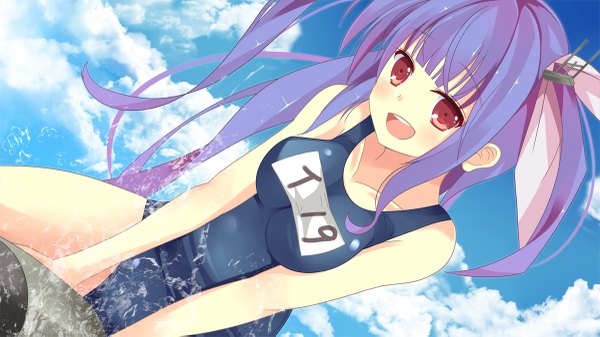 Anime picture 1200x675 with kantai collection i-19 submarine youkan (mattya youkan) long hair blush open mouth light erotic red eyes wide image blue hair sky cloud (clouds) girl ribbon (ribbons) swimsuit hair ribbon one-piece swimsuit school swimsuit