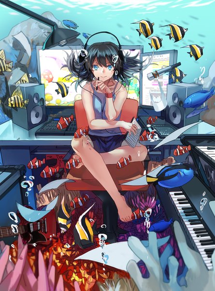 Anime picture 1100x1482 with original rff (3 percent) single long hair tall image looking at viewer blue eyes black hair sitting girl animal shorts headphones bubble (bubbles) fish (fishes) musical instrument guitar pen monitor electric guitar