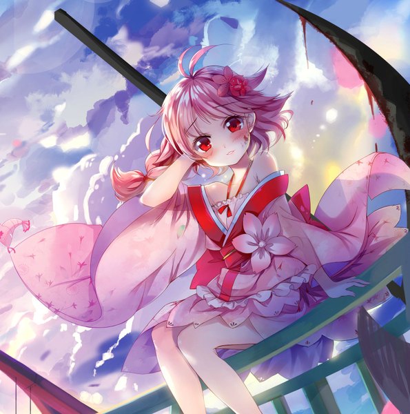 Anime picture 1500x1514 with sergestid shrimp in tungkang xuan ying fuyouchu single tall image looking at viewer blush short hair red eyes sitting bare shoulders pink hair sky cloud (clouds) ahoge braid (braids) hair flower from below single braid arm behind head