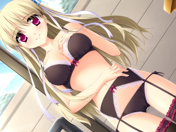 Anime picture 1024x768 with honey coming clarissa satsuki maezono long hair light erotic blonde hair game cg pink eyes underwear only girl thighhighs underwear panties black thighhighs lingerie bra garter straps black panties black bra garter belt