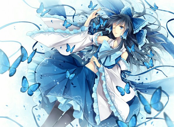 Anime picture 1000x730 with touhou hakurei reimu hagiwara rin single long hair blue eyes black hair bare shoulders one eye closed wink alternate color girl skirt bow hair bow detached sleeves insect butterfly skirt set