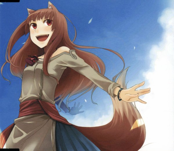 Anime picture 1605x1391 with spice and wolf horo ayakura juu long hair red eyes brown hair bare shoulders sky cloud (clouds) teeth fang (fangs) happy spread arms wolf ears wolf tail wolf girl girl