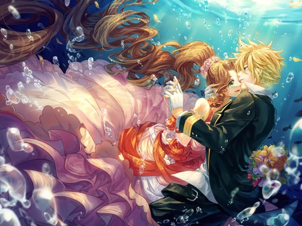 Anime picture 1400x1052 with final fantasy final fantasy vii square enix aerith gainsborough cloud strife cat princess short hair blonde hair brown hair green eyes very long hair couple underwater girl dress boy gloves flower (flowers) white gloves bouquet