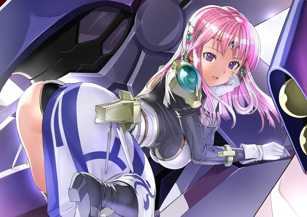 Anime picture 2148x1519 with super robot wars ariel org nakabayashi reimei single long hair looking at viewer highres open mouth light erotic purple eyes pink hair ass high heels bent over girl gloves hair ornament shoes boots