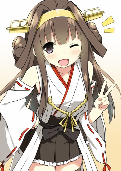 Anime picture 848x1200 with kantai collection kongou battleship sky-freedom single long hair tall image looking at viewer blush fringe open mouth brown hair purple eyes traditional clothes japanese clothes one eye closed wink hair bun (hair buns) hand on hip victory nontraditional miko