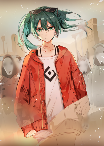 Anime picture 900x1259 with vocaloid suna no wakusei (vocaloid) hatsune miku naru (ul) long hair tall image looking at viewer fringe hair between eyes twintails green eyes green hair wind open jacket sleeves past wrists sunglasses on head walking serious dust girl