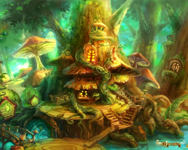 Anime picture 1280x1024 with dragonica online inscription landscape plant (plants) tree (trees) water window house bridge mushroom (mushrooms)