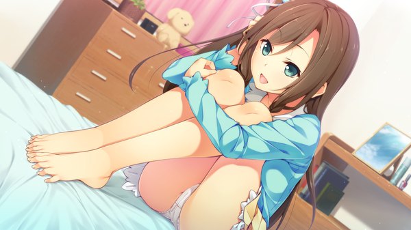 Anime picture 2560x1440 with sorairo innocent akabei soft3 tsukigase mahiru unasaka ryou single long hair blush fringe highres open mouth light erotic brown hair wide image sitting looking away game cg barefoot aqua eyes pantyshot pantyshot sitting