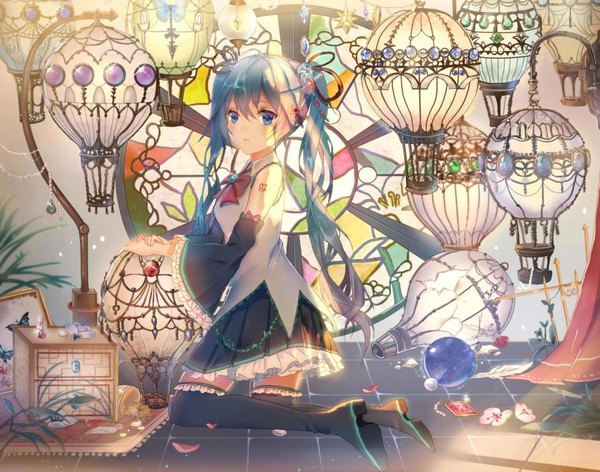 Anime picture 892x702 with vocaloid hatsune miku mada (shizhou) single long hair looking at viewer blush fringe blue eyes hair between eyes twintails full body ahoge bent knee (knees) pleated skirt aqua hair wide sleeves sparkle tattoo kneeling