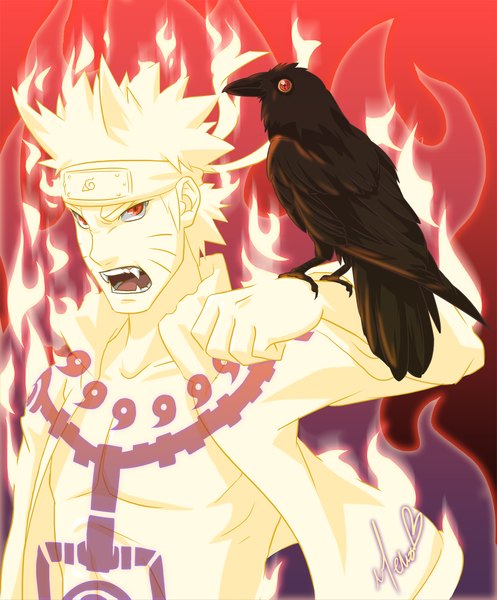 Anime picture 1675x2019 with naruto studio pierrot naruto (series) uzumaki naruto single tall image looking at viewer short hair open mouth blonde hair red eyes inscription open clothes teeth fang (fangs) open shirt facial mark glowing whisker markings jinchuriki