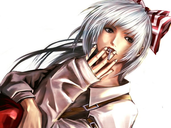 Anime picture 1024x768 with touhou fujiwara no mokou 298 (pixiv) single long hair simple background white background brown eyes silver hair lips smoking girl bow hair bow cigarette suspenders